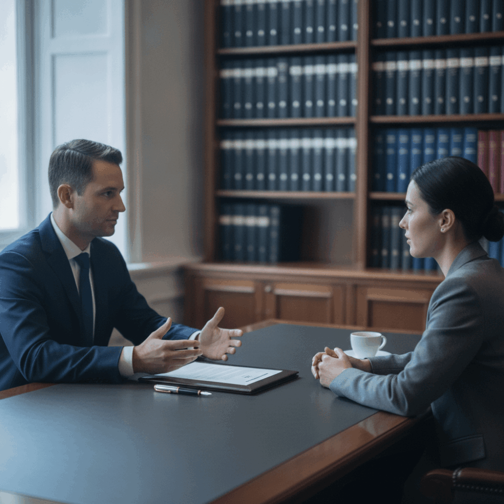 Consultation entre un avocat et son client dans un cabinet, discussion autour de la convention d'honoraires