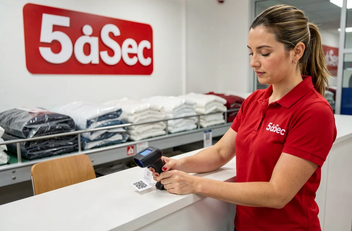 Employée en polo rouge d'un pressing 5àSec scannant une étiquette de vêtement au comptoir de la boutique