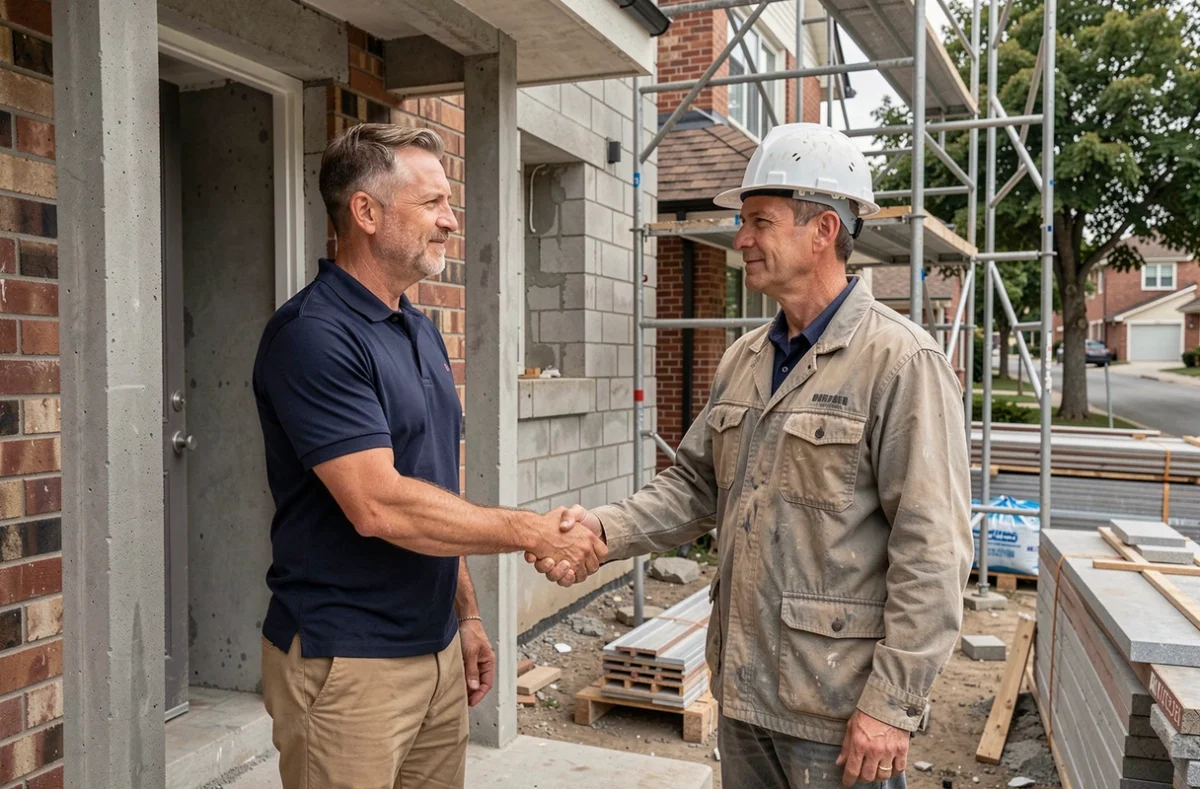 Particulier signant un accord avec un entrepreneur BTP devant un chantier de rénovation résidentielle