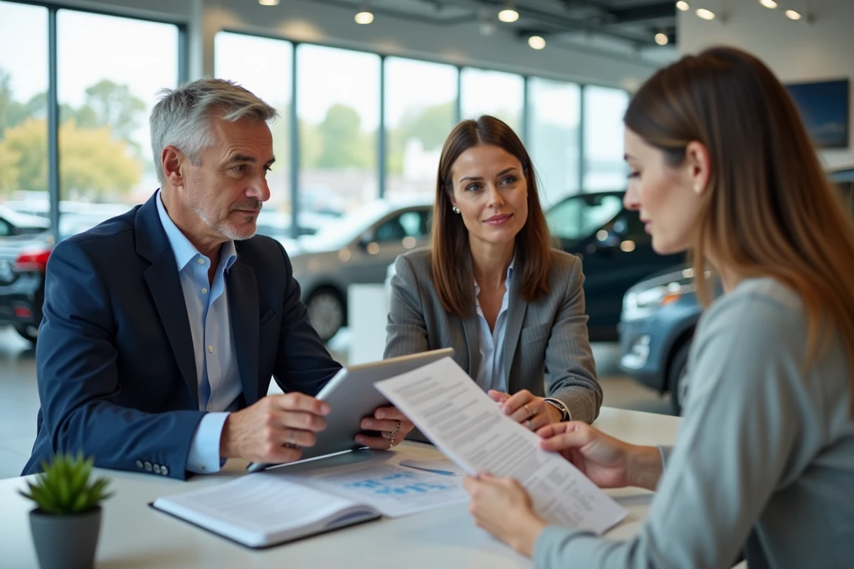 Couple en train de finaliser l'achat d'une voiture avec un conseiller dans une concession automobile