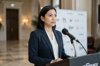 Actrice asiatique engagée prenant la parole à un podium de festival de cinéma, regard déterminé et posture confiante