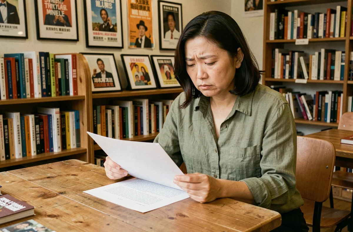 Actrice asiatique lisant un script militant dans une librairie indépendante, atmosphère engagée et intimiste