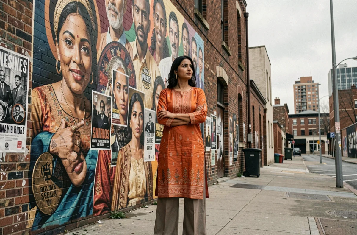 Actrice sud-asiatique devant une fresque urbaine multiculturelle, posture engagée symbolisant la diversité au cinéma
