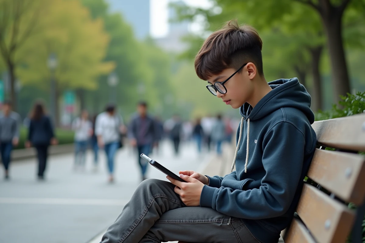 Adolescent lisant manga dans un parc urbain animé