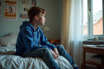 Jeune garçon pensif regardant par la fenêtre dans sa chambre