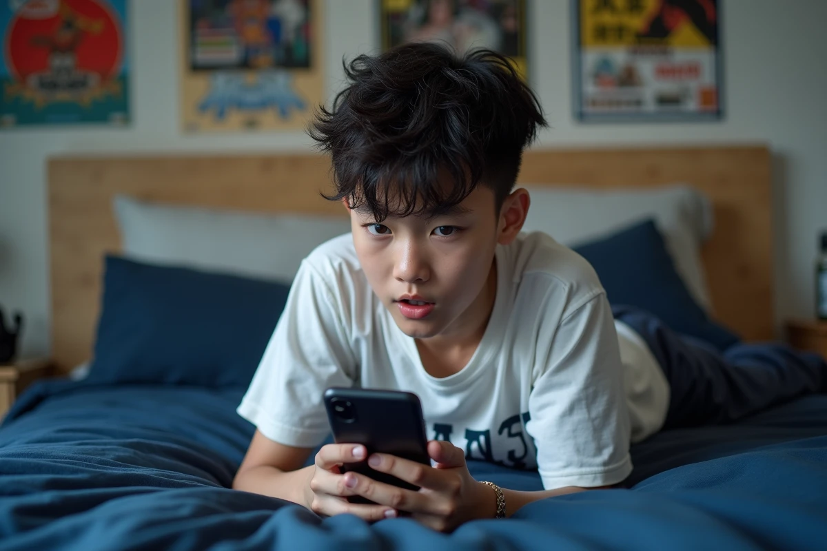 Adolescent lisant le dernier scan One Piece sur son smartphone allongé sur son lit dans sa chambre