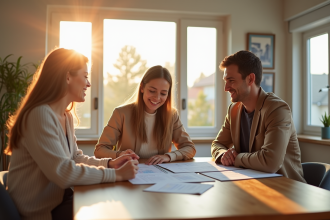 Agent immobilier et couple examinant une estimation de maison