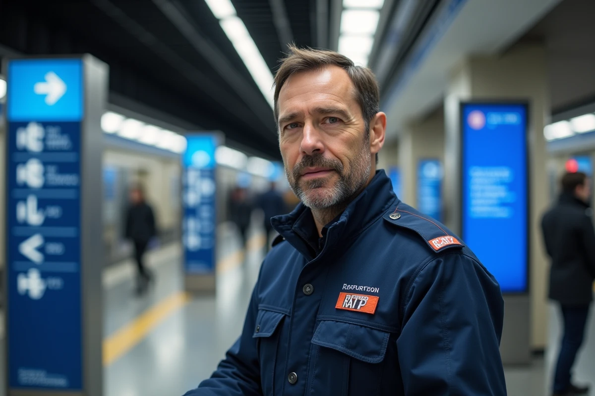 Agent RATP en uniforme officiel bleu marine au guichet d'information d'une station de métro moderne à Paris avec panneaux de signalétique en arrière-plan