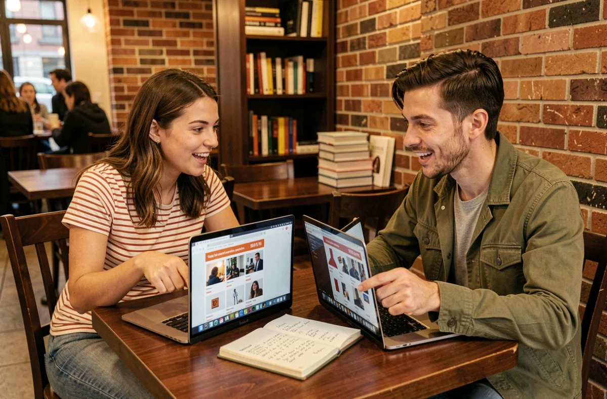 Deux amis comparant des sites de shopping en ligne dont Hacoo dans un café pour trouver les meilleures économies