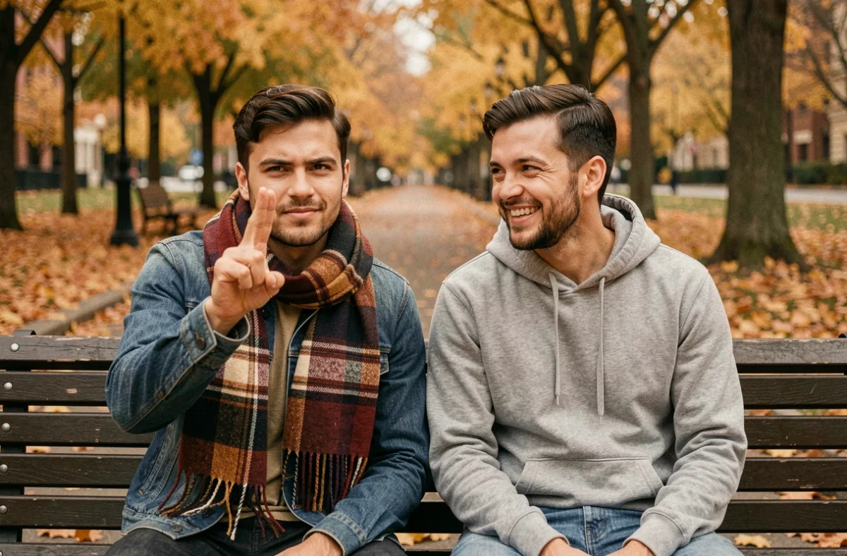 Deux amis dans un parc en automne échangeant le geste des doigts croisés, symbole de bonne chance et de communication non verbale