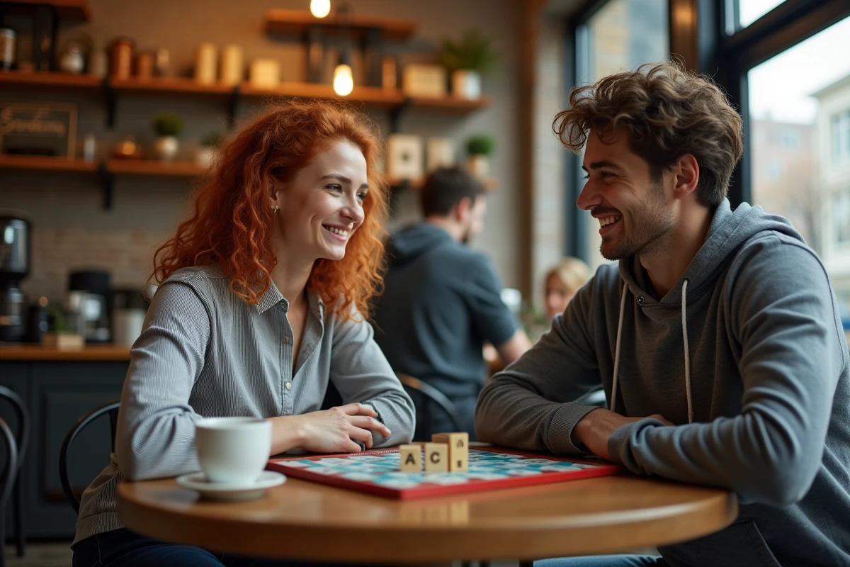 Deux amis jouant au Scrabble dans un café avec le mot ACE visible sur le plateau