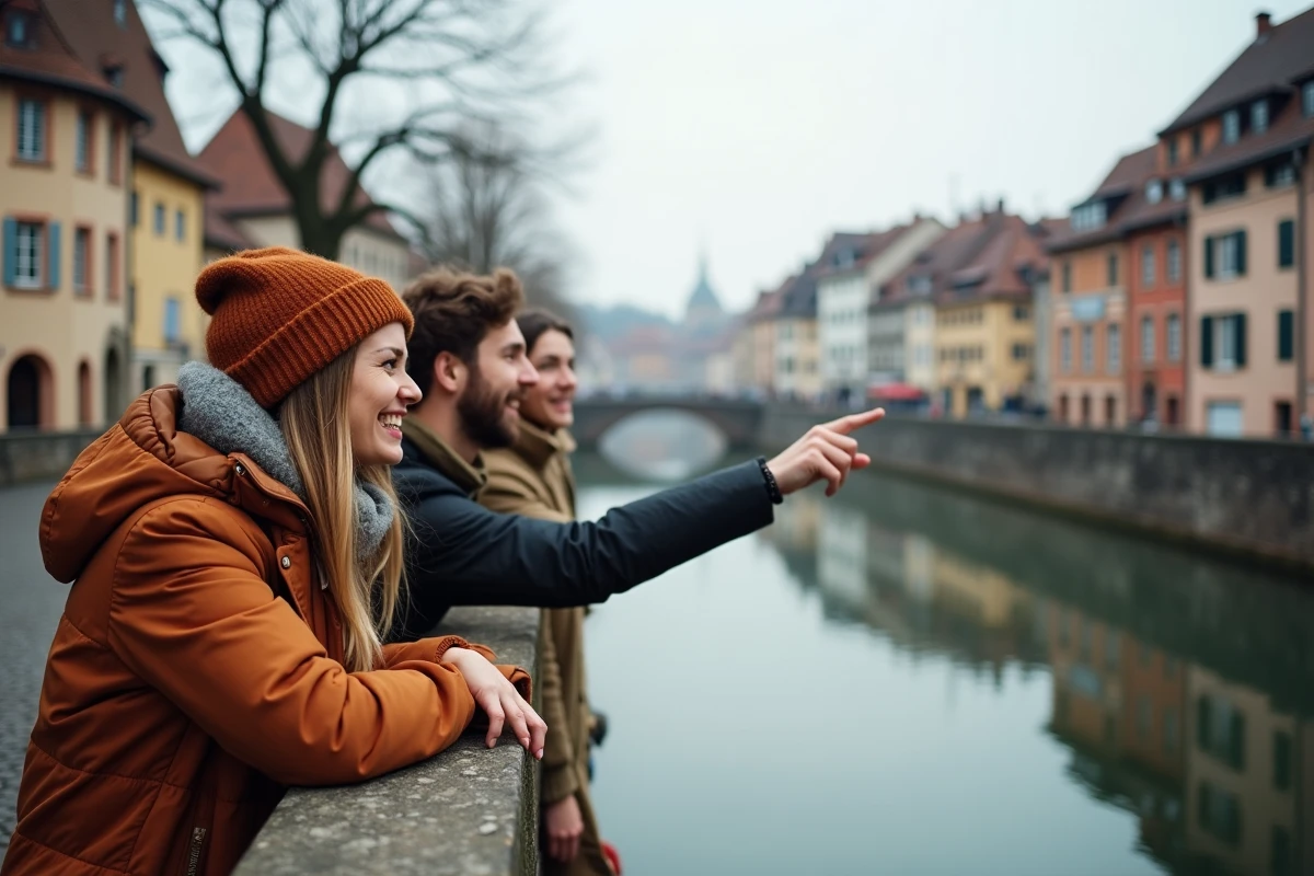 Groupe d'amis sur le Pont du Corbeau admirant la rivière Ill et le quartier de la Petite France à Strasbourg