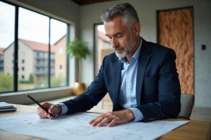 Architecte homme en costume étudie plans dans un bureau moderne