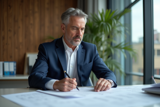 Architecte homme en costume bleu examinant des plans