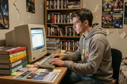 Jeune homme archivant des captures d'écran du forum 18-25 sur un vieux PC de bureau entouré de classeurs et de notes, ambiance nostalgie internet années 2000