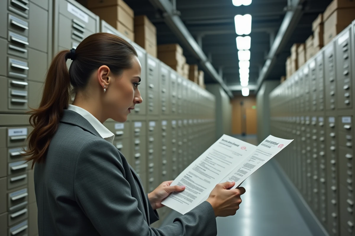 Femme comparant des documents officiels dans une salle d'archives administratives pour vérifier des informations biographiques