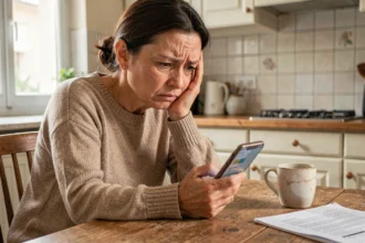 Femme inquiète regardant son téléphone après avoir reçu un message suspect d'un faux acheteur sur Le Bon Coin