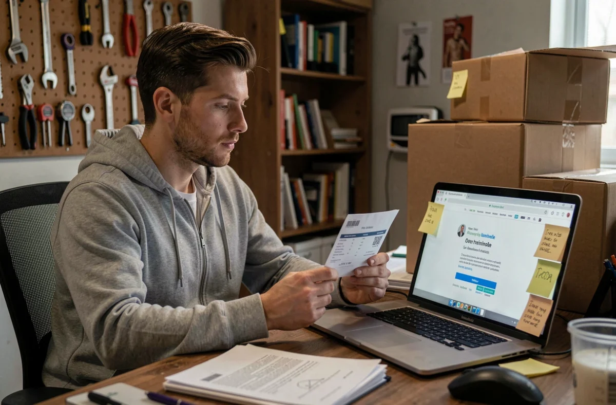 Homme tenant une étiquette de colis et consultant un email de surpaiement frauduleux dans le cadre d'une arnaque Le Bon Coin