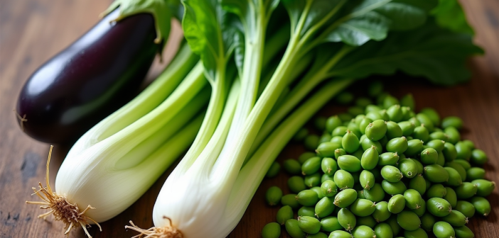 Assortiment de legumes frais commençant par E sur une table en bois