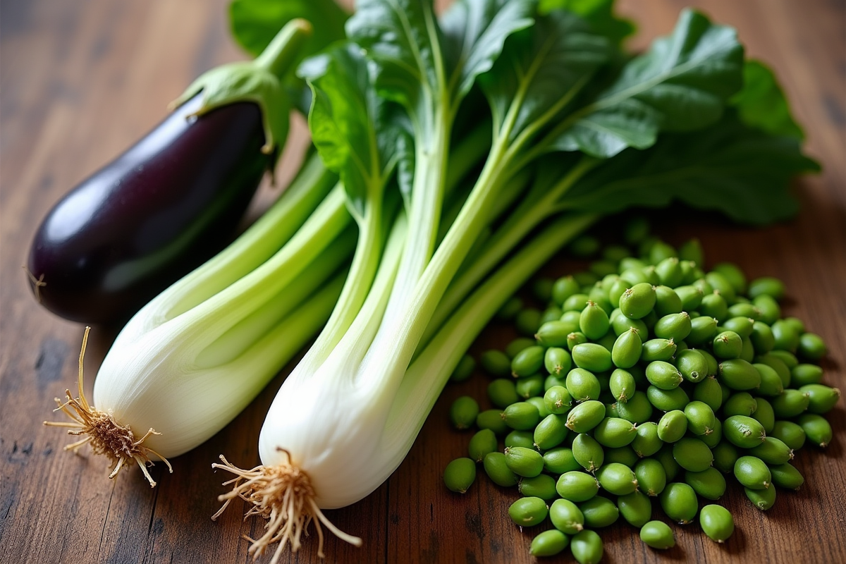 Assortiment de legumes frais commençant par E sur une table en bois