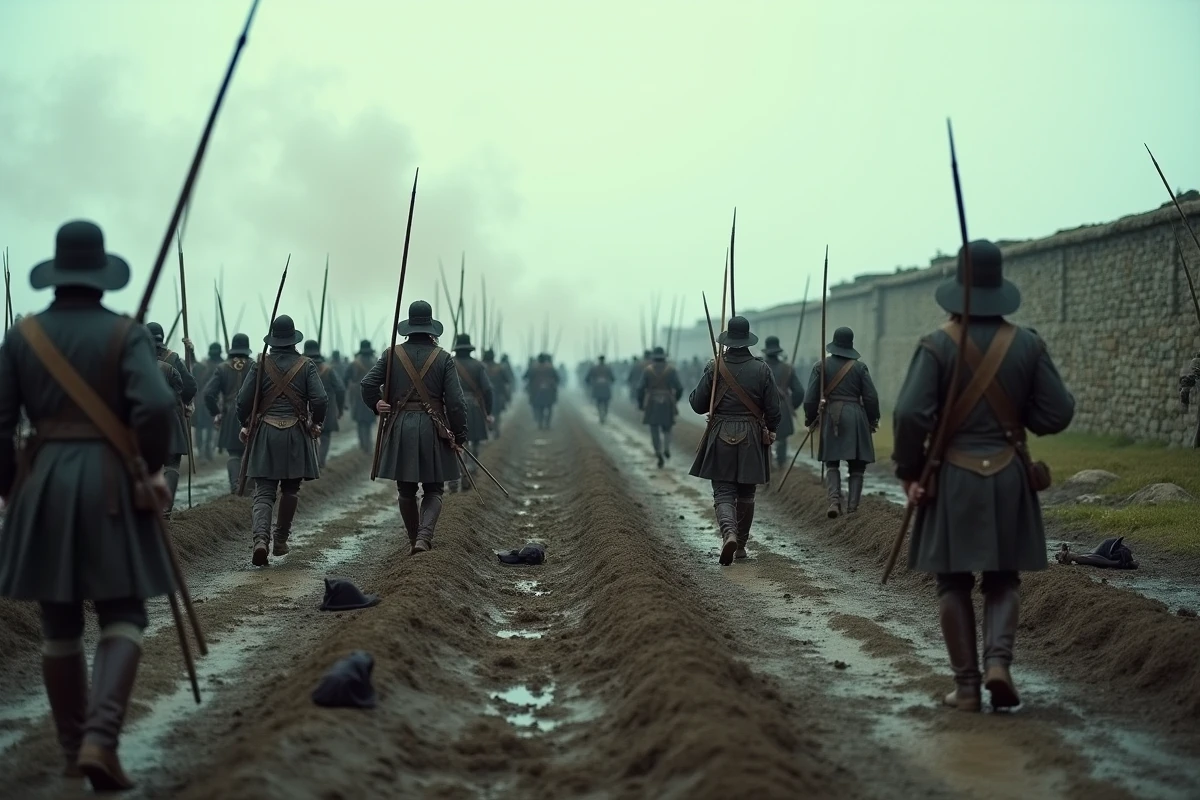 Vue panoramique d'une reconstitution d'un siège militaire du XVIIe siècle avec des soldats en uniformes d'époque avançant vers une forteresse sous la fumée de canon, illustrant la bataille de Maastricht où mourut d'Artagnan