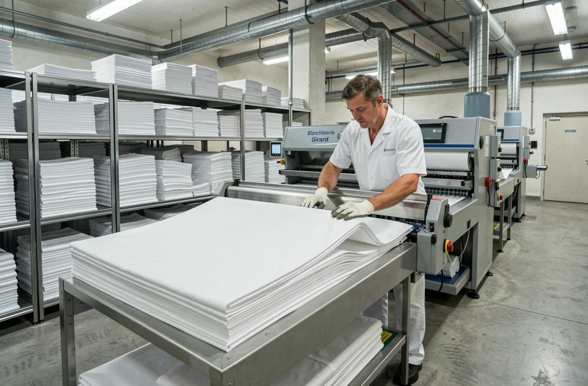Ouvrier de la Blanchisserie Girard à Lyon manipulant une calandre industrielle pour presser des draps blancs en grande quantité