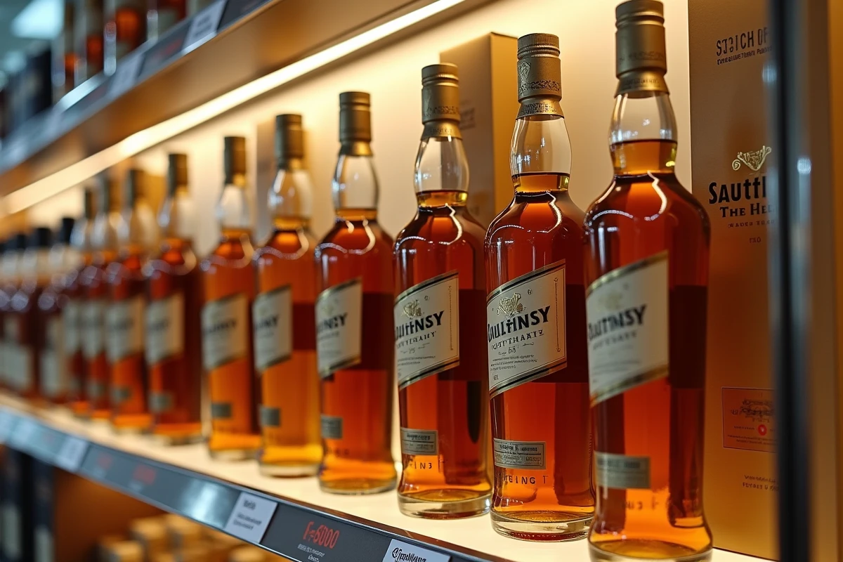 Rangée de bouteilles de whisky Scotch en vitrine duty-free avec étiquettes dorées et tags de prix en plusieurs devises