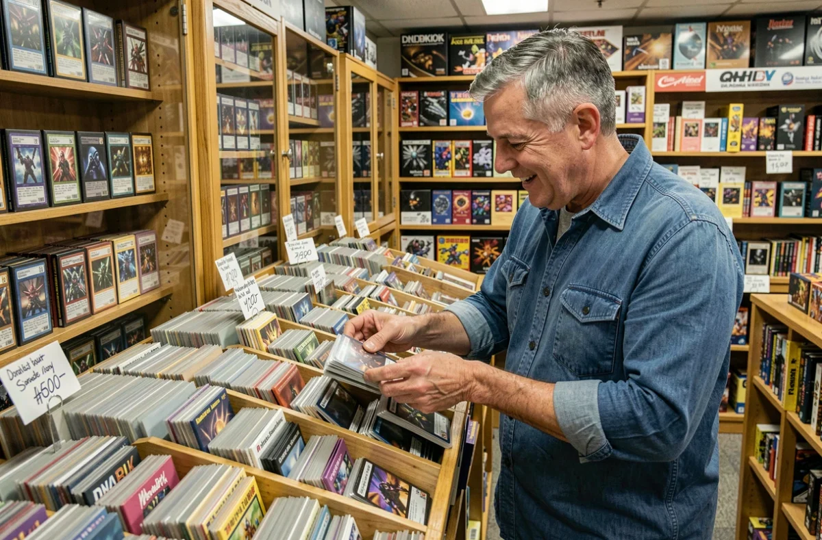Collectionneur parcourant des classeurs de cartes Magic dans une boutique spécialisée