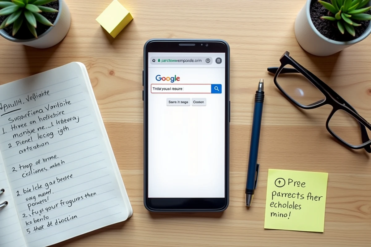 Vue aérienne d'un bureau avec smartphone affichant une URL suspecte et des notes pour vérifier les fausses adresses sur les moteurs de recherche