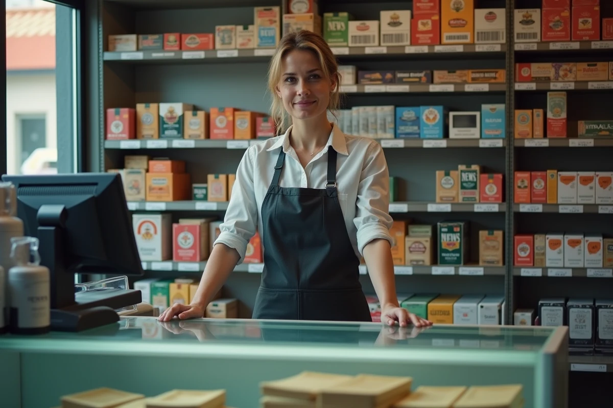 Bureau de tabac au Luxembourg avec des cartouches de cigarettes NEWS exposées sur les étagères derrière le comptoir