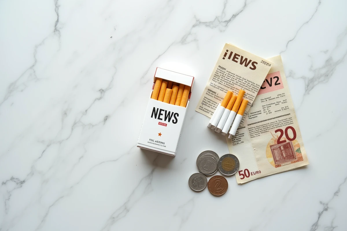 Vue de dessus d'une cartouche de cigarettes NEWS avec des paquets et des euros sur fond de marbre blanc