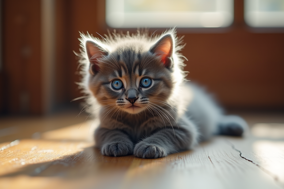 Chaton gris pelucheux avec yeux bleus sur un sol en bois