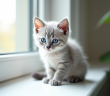 Chaton gris aux yeux bleus sur une fenêtre lumineuse