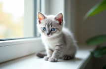 Chaton gris aux yeux bleus sur une fenêtre lumineuse