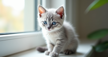 Chaton gris aux yeux bleus sur une fenêtre lumineuse