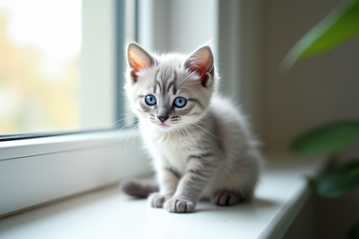 Chaton gris aux yeux bleus sur une fenêtre lumineuse