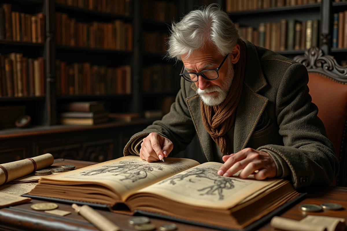 Chercheur en mythologie étudiant un ancien grimoire illustré de titans primordiaux dans une bibliothèque privée