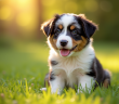 Chiot australien shepherd dans l'herbe en plein soleil