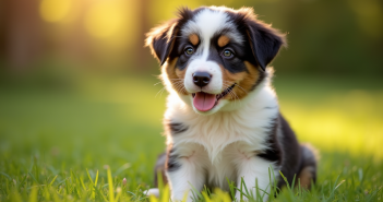 Chiot australien shepherd dans l'herbe en plein soleil