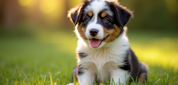 Chiot australien shepherd dans l'herbe en plein soleil