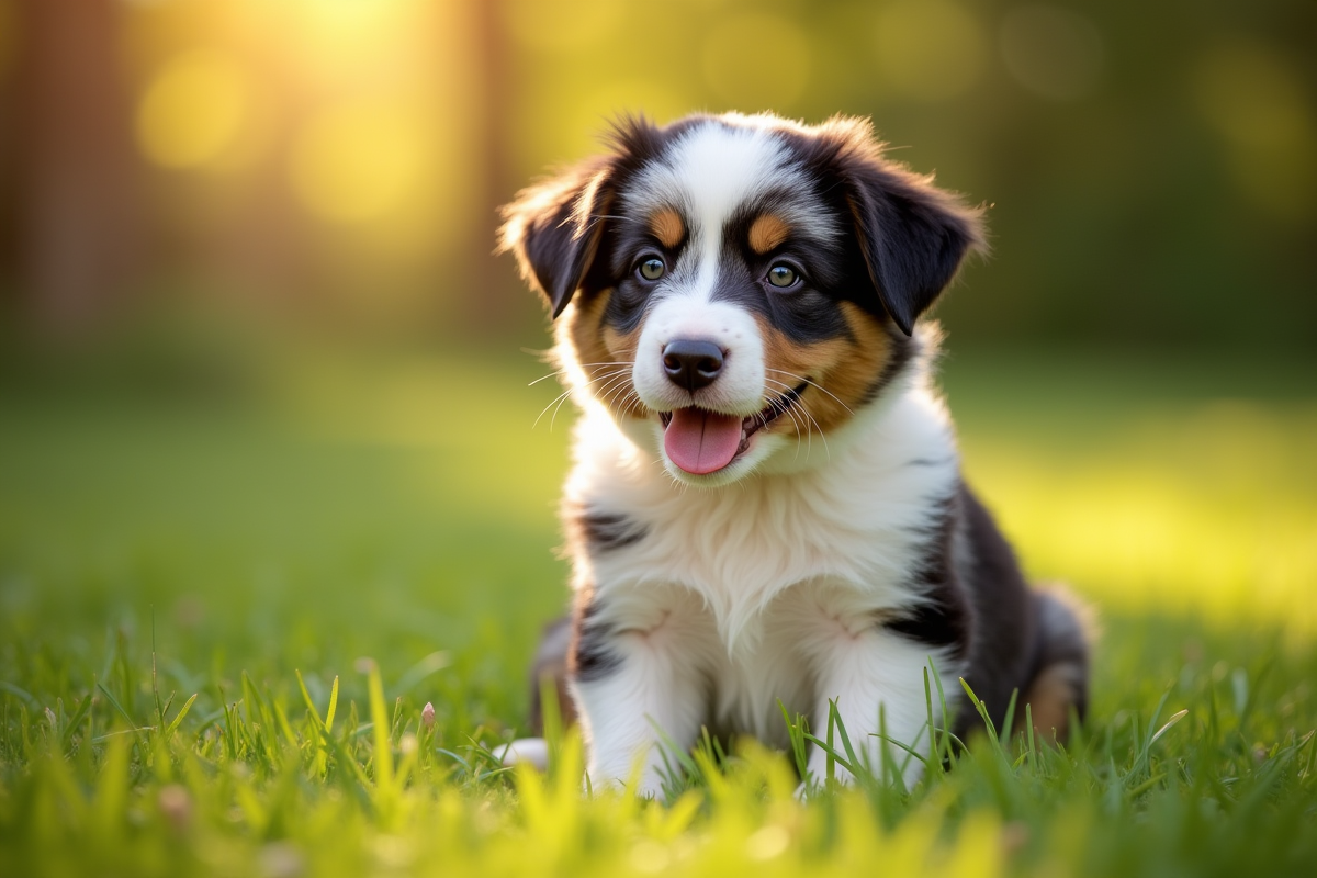 Chiot australien shepherd dans l'herbe en plein soleil