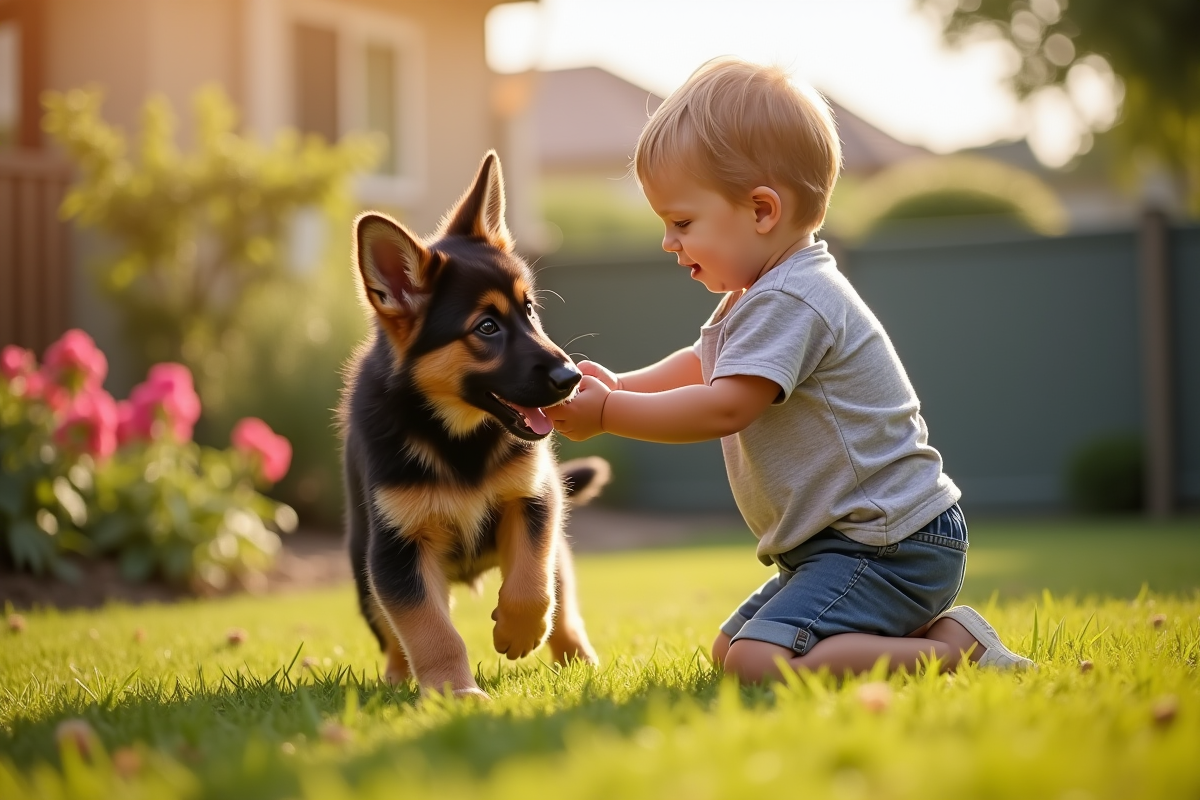 Chiot berger allemand jouant avec un enfant dans le jardin