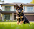 Chiot berger allemand attentif devant une maison moderne