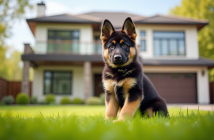 Chiot berger allemand attentif devant une maison moderne