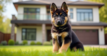 Chiot berger allemand attentif devant une maison moderne