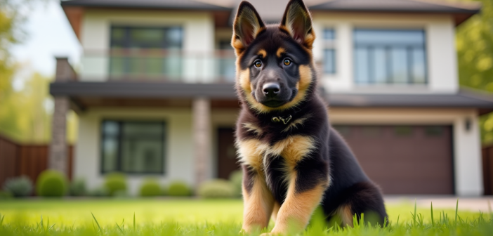 Chiot berger allemand attentif devant une maison moderne