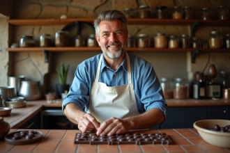 Chocolatier français en atelier traditionnel en train de façonner des chocolats