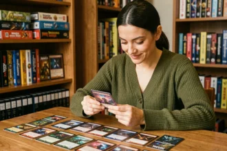 Collectionneuse de cartes Magic The Gathering examinant une édition rare à son bureau