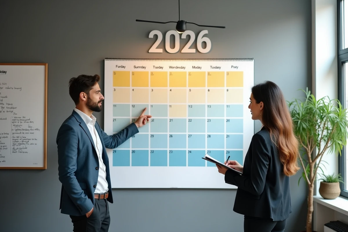 Deux collègues en réunion devant un grand calendrier 2026 mural avec semaines paires et impaires dans un bureau moderne