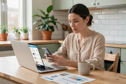 Femme comparant les prix sur un site de shopping comme Hacoo sur ordinateur et smartphone à table de cuisine